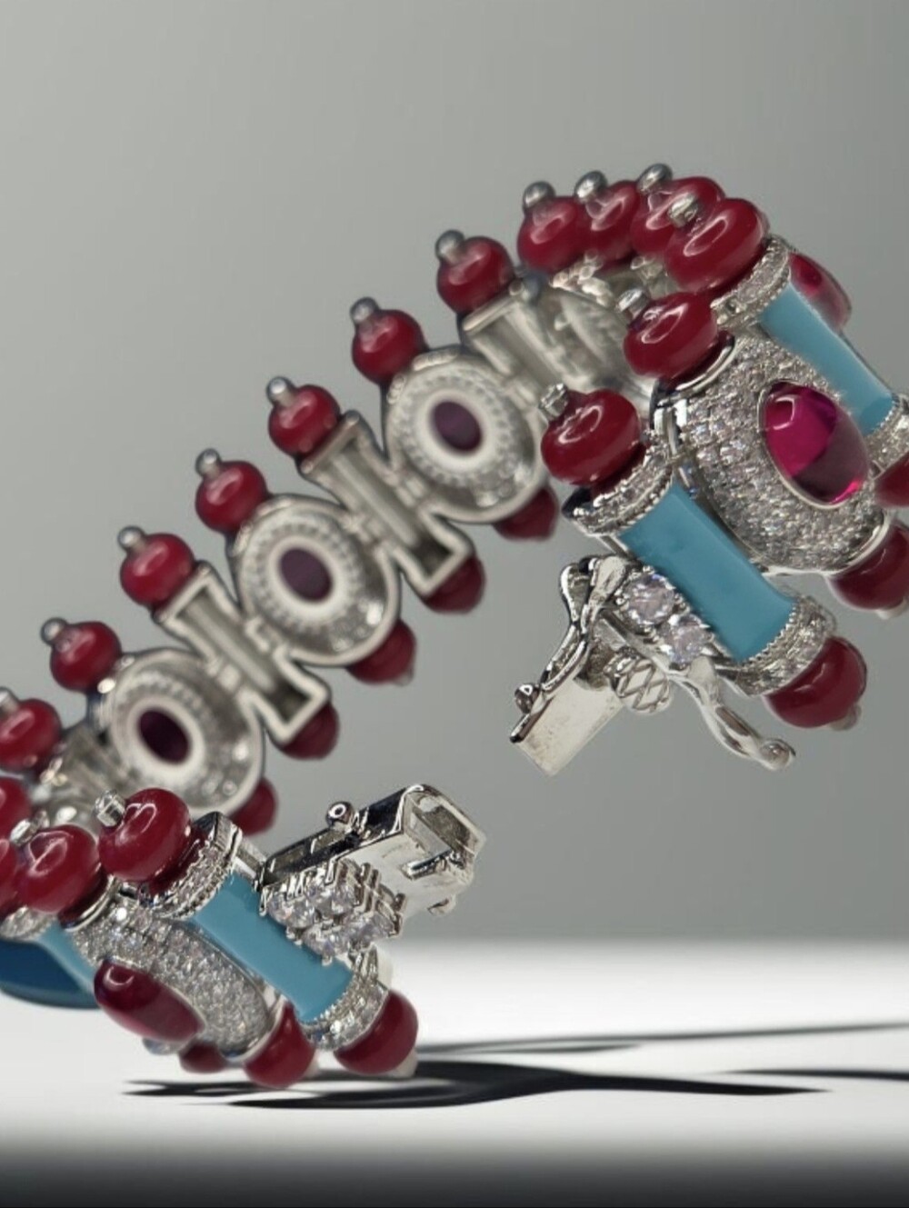 Exquisite Silver Oval Ruby Glass Cabochon Turquoise Enamel Pave Crystal Bracelet - Picture 5 of 7